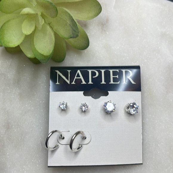 Napier 3 pc Stud & Hoop Silver Earrings - Picture 1 of 8